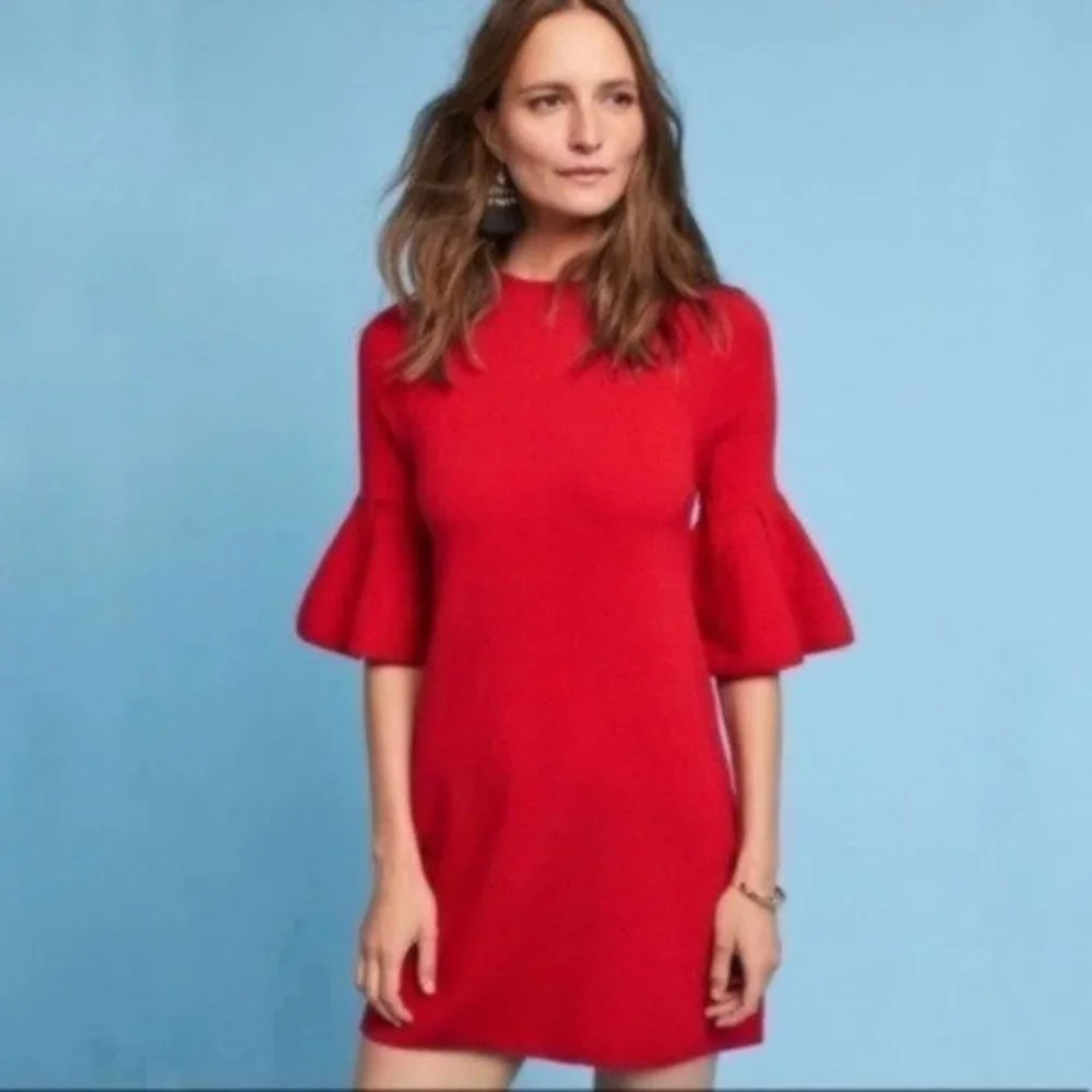 Anthropologie Moth Chester Bell Sleeve Red Mid Length Dress Size Small - Picture 1 of 10